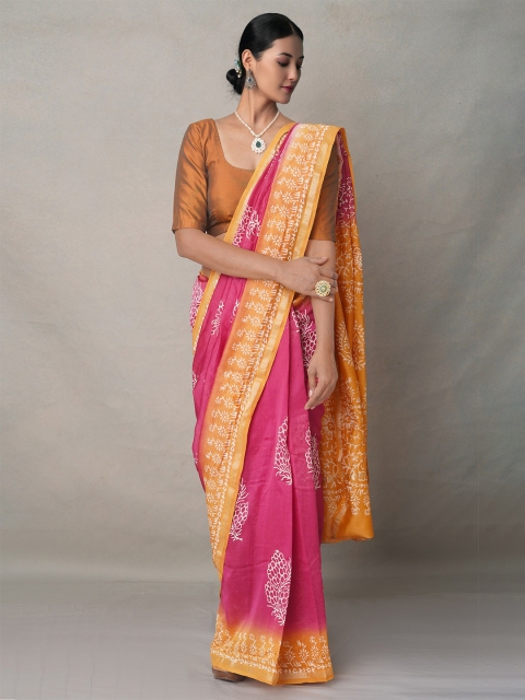 

Unnati Silks Pink & Yellow Ethnic Motifs Silk Blend Baluchari Saree