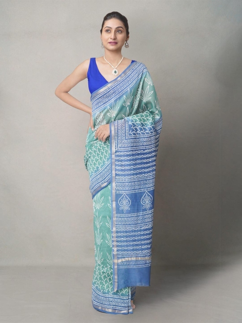 

Unnati Silks Green & Blue Ethnic Motifs Zari Silk Blend Baluchari Saree