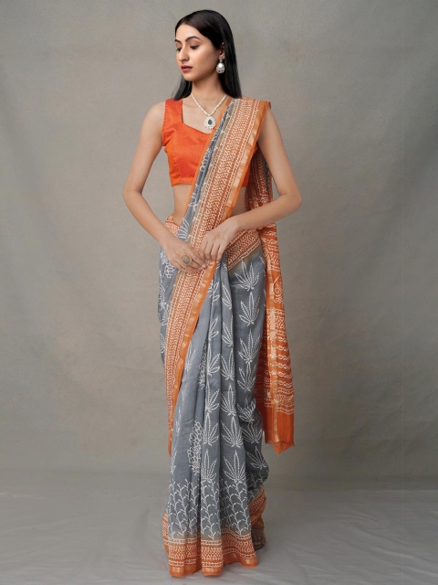 

Unnati Silks Grey & White Ethnic Motifs Zari Silk Blend Baluchari Saree