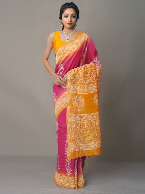 

Unnati Silks Pink & Yellow Ethnic Motifs Silk Blend Baluchari Saree