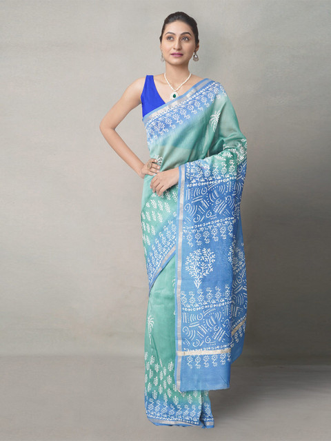 

Unnati Silks Green & Blue Ethnic Motifs Silk Blend Baluchari Saree
