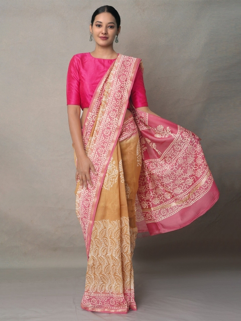 

Unnati Silks Brown & Pink Ethnic Motifs Silk Blend Baluchari Saree