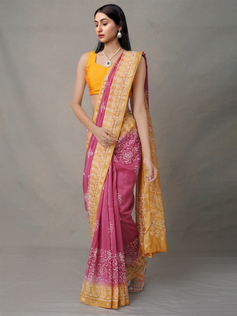 

Unnati Silks Pink & Mustard Ethnic Motifs Zari Silk Blend Baluchari Saree