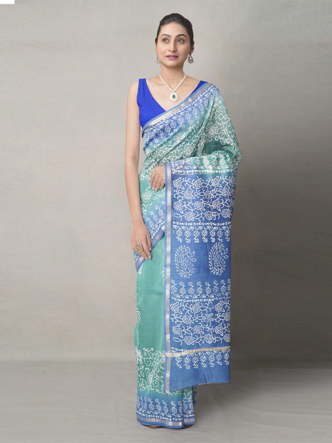 

Unnati Silks Green & Blue Ethnic Motifs ZariBaluchari Saree