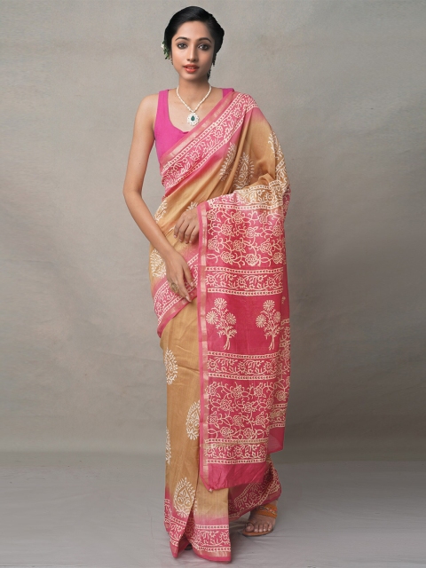 

Unnati Silks Brown & Pink Ethnic Motifs Zari Silk Blend Baluchari Saree