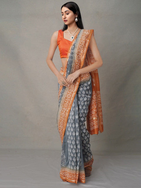 

Unnati Silks Grey & Orange Ethnic Motifs Silk Blend Baluchari Saree
