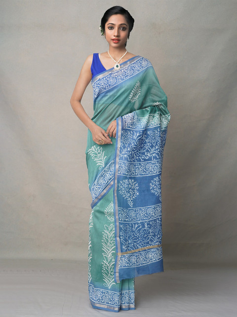 

Unnati Silks Green & Blue Ethnic Motifs Silk Blend Baluchari Saree