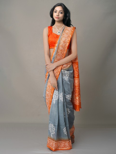 

Unnati Silks Grey & Orange Ethnic Motifs Silk Blend Baluchari Saree