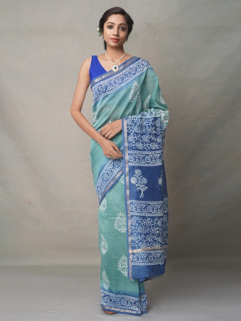 

Unnati Silks Green & Blue Ethnic Motifs Silk Blend Baluchari Saree