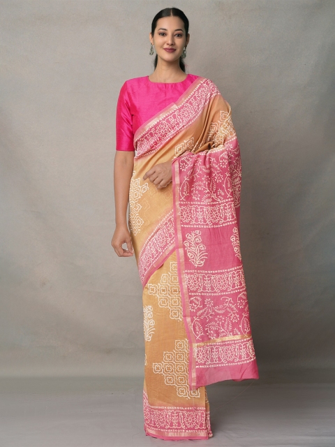 

Unnati Silks Yellow & Pink Ethnic Motifs Zari Silk Blend Baluchari Saree
