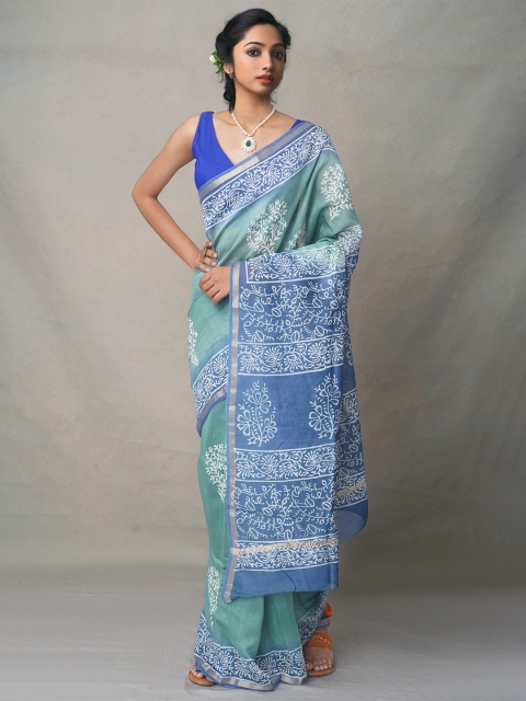 

Unnati Silks Green & Blue Ethnic Motifs Silk Blend Baluchari Saree