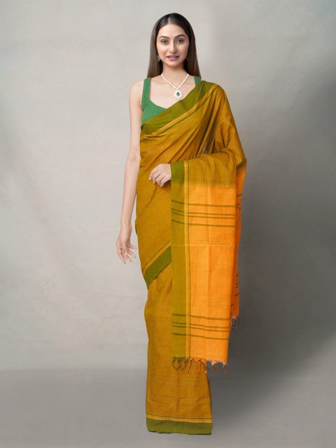

Unnati Silks Women Green & Orange Woven Design Andhra Handloom Pure Cotton Chettinad Saree