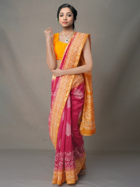 

Unnati Silks Pink & Yellow Ethnic Motifs Silk Blend Baluchari Saree