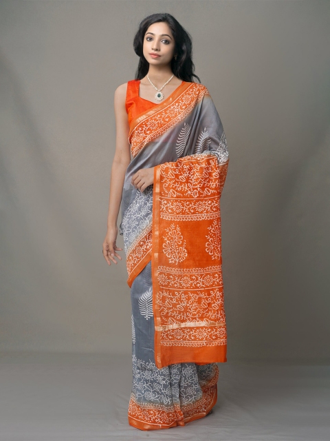 

Unnati Silks Grey & Orange Ethnic Motifs Silk Blend Baluchari Saree