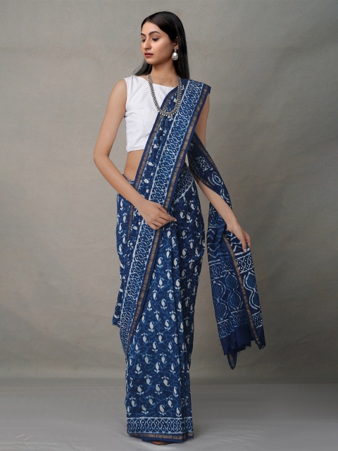 

Unnati Silks Blue & White Dabu Chanderi Saree
