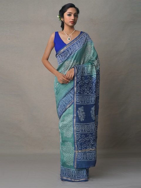 

Unnati Silks Green & Blue Ethnic Motifs Silk Blend Baluchari Saree