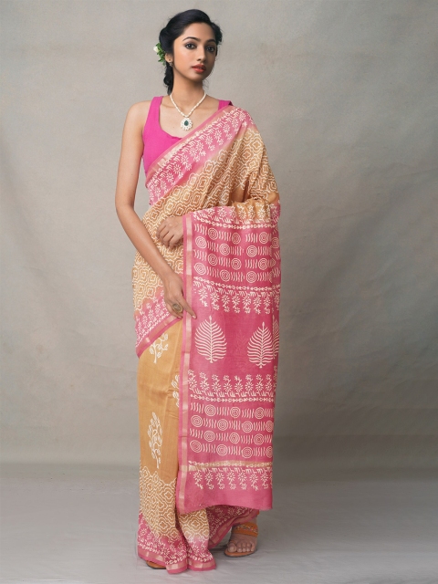 

Unnati Silks Women Brown & Pink Ethnic Motifs Silk Blend Baluchari Saree