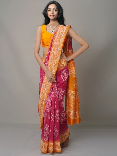 

Unnati Silks Pink & Yellow Ethnic Motifs Zari Silk Blend Baluchari Saree