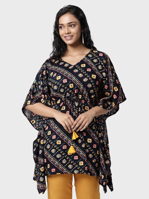 

R&B Navy Blue Floral Print Georgette Kaftan Longline Top