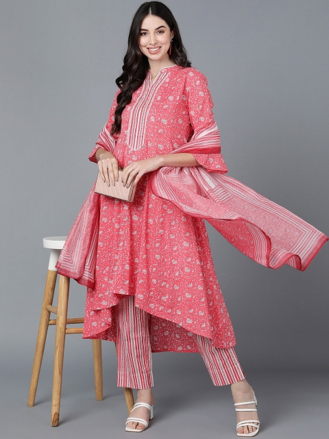 

AHIKA Women Pink Ethnic Motifs Printed Pure Cotton High Low Kurta with Trousers & Dupatta