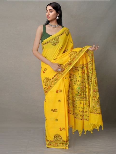 

Unnati Silks Yellow & Black Warli Pure Linen Jamdani Saree