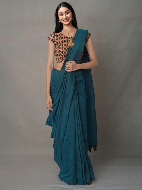 

Unnati Silks Green Solid Handloom Pure Linen Jamdani Saree