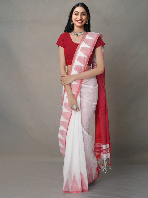 

Unnati Silks White & Red Tie and Dye Pure Linen Jamdani Saree