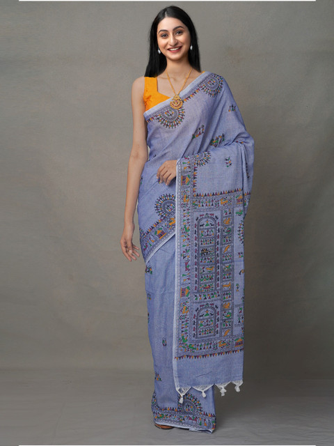 

Unnati SilksWomen Blue & Orange Ethnic Motifs Handloom Pure Linen Jamdani Saree