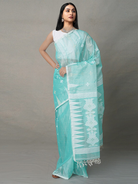 

Unnati Silks Green & White Ethnic Motifs Silk Cotton Jamdani Saree
