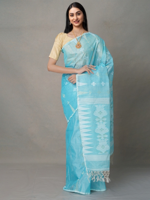 

Unnati Silks Blue & White Ethnic Motifs Silk Cotton Jamdani Saree