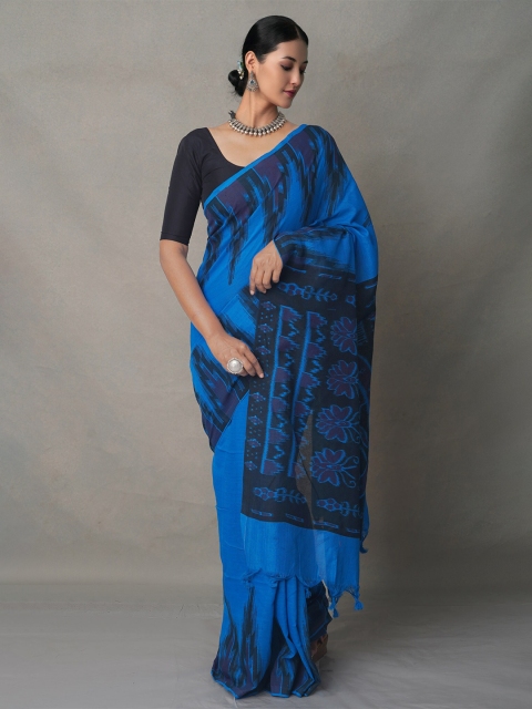 

Unnati Silks Blue & Black Printed Pure Linen Jamdani Saree