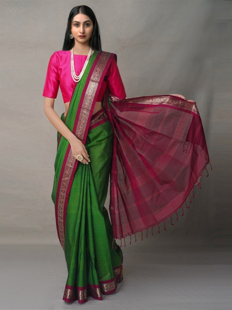 

Unnati Silks Green & Purple Woven Design Zari Silk Cotton Maheshwari Saree