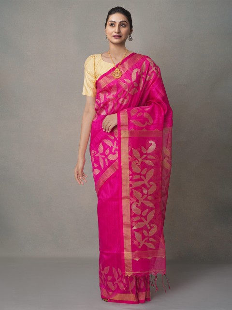 

Unnati Silks Pink & Gold-Toned Woven Design Silk Cotton Jamdani Handloom Saree