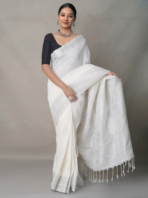 

Unnati Silks White & Silver-Toned Woven Design Silk Cotton Jamdani Handloom Saree