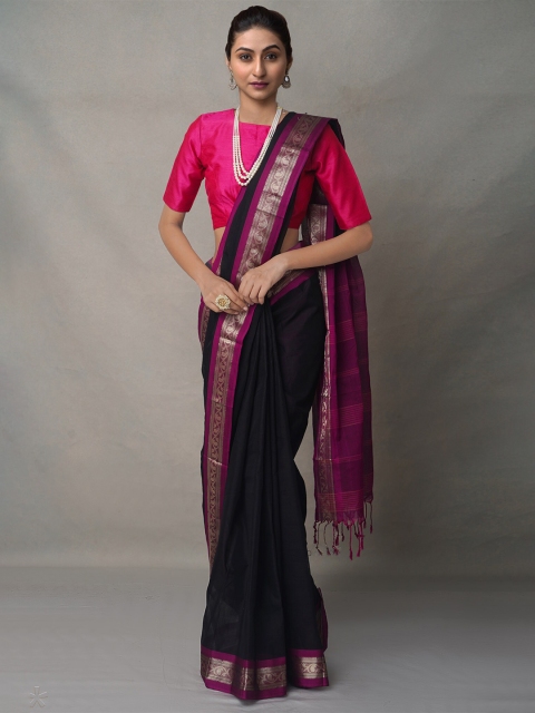 

Unnati Silks Women Black & Purple Handloom Zari Silk Cotton Maheshwari Saree