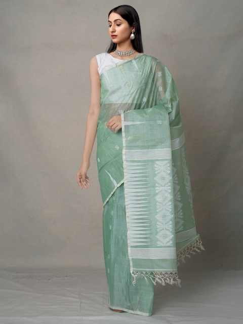 

Unnati Silks Blue & White Ethnic Motifs Silk Cotton Jamdani Saree