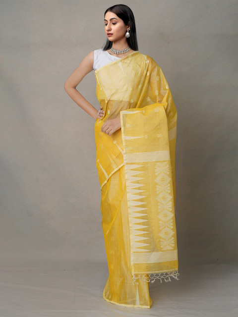 

Unnati Silks Orange & Silver-Toned Ethnic Motifs Silk Cotton Jamdani Pure Handloom Saree