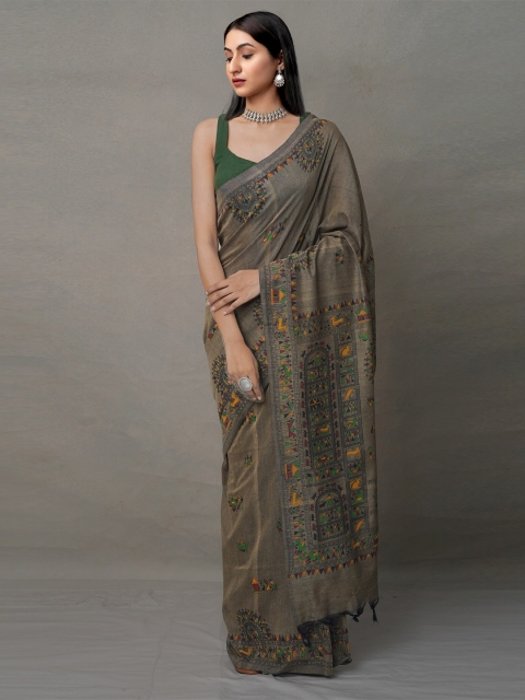 

Unnati Silks Brown & Green Warli Pure Linen Jamdani Saree