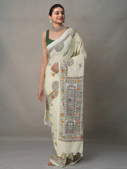 

Unnati Silks Cream-Coloured & Orange Warli Pure Linen Jamdani Saree