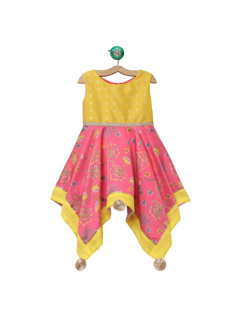 

MANY FROCKS & Yellow Floral Satin Ethnic Dress