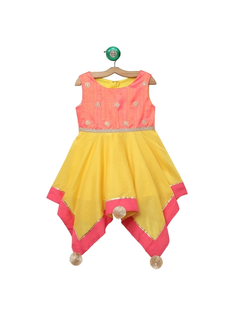 

MANY FROCKS & Girls Yellow & Pink Embellished Asymmetrical Ethnic Dress