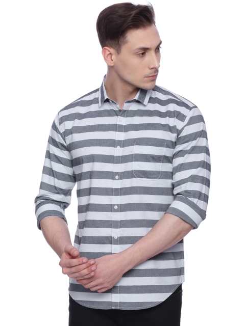

Basics Men Grey Melange & Off-White Slim Fit Striped Casual Shirt