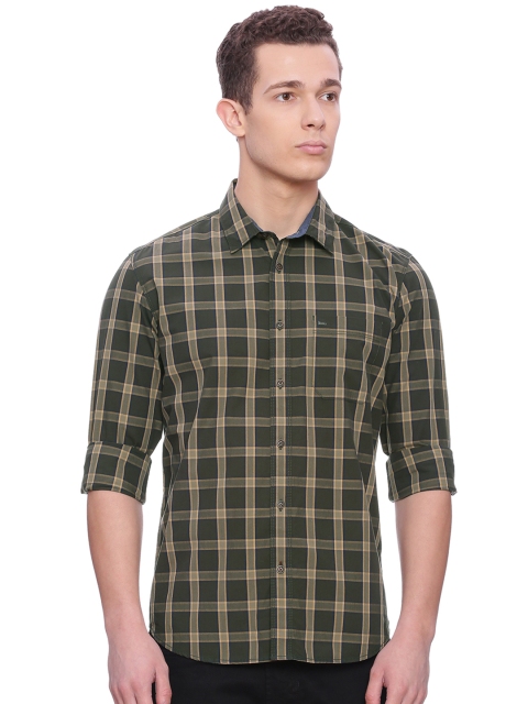 

Basics Men Olive Green Slim Fit Checked Casual Shirt