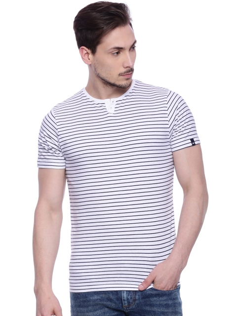 

Basics Men White & Navy Striped Henley Neck Slim Fit T-shirt