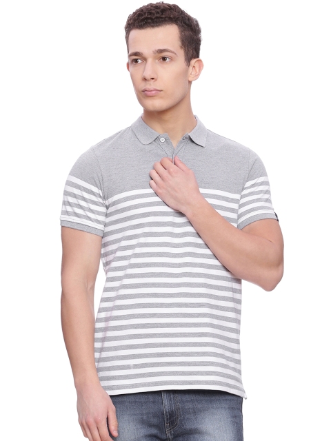 

Basics Men Grey Striped Polo Collar T-shirt