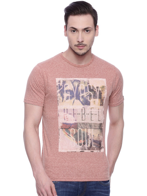 

Basics Men Peach-Coloured Printed Round Neck T-shirt