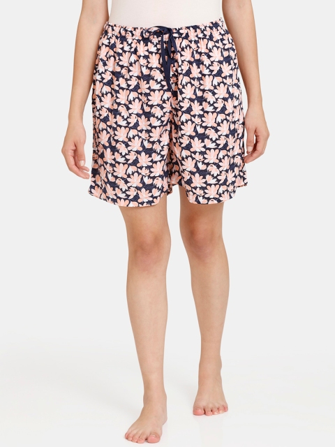 

Rosaline by Zivame Women Navy Blue & Peach-Coloured Printed Loose Fit Shorts