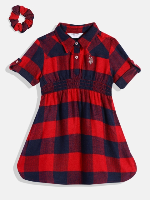 

U.S. Polo Assn. Kids Girls Red & Navy Blue Buffalo Checked Fit and Flare Dress