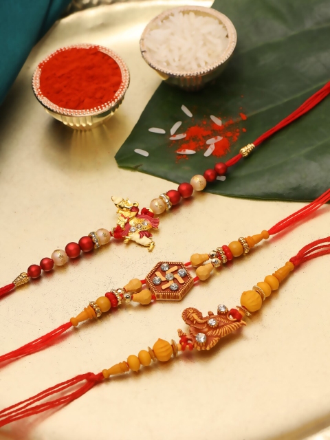 

Natures Buggy Men Pack Of 3 Gold Toned & Red Beaded Designer Rakhi