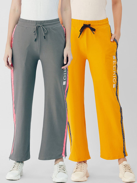 

EDRIO Women Pack Of 2 Yellow & Grey Relaxed Fit Cotton Track Pants
